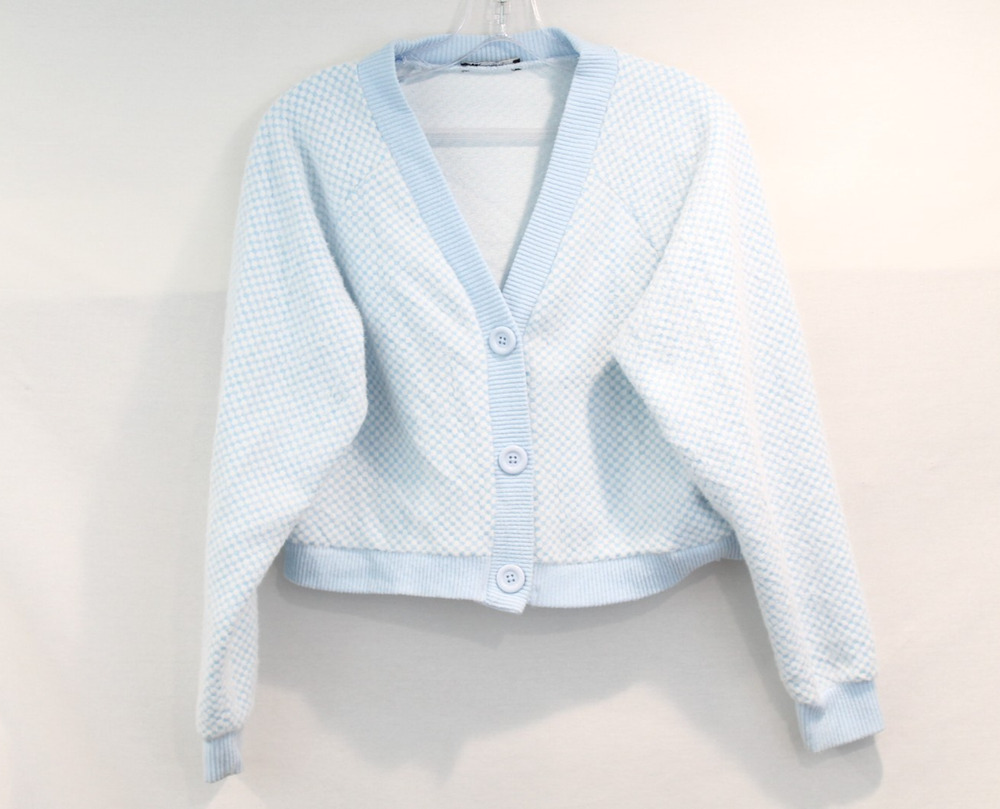 ZARA Fuzzy Cropped Cardigan Sweater Womens size S Blue White Checker Button Up